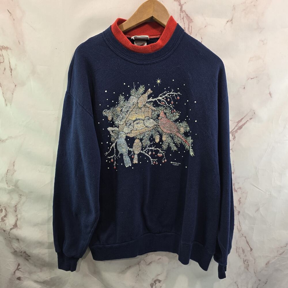 Vintage Christmas Sweatshirt Womens Large Red 90s Holiday Cardinal Tree Granny